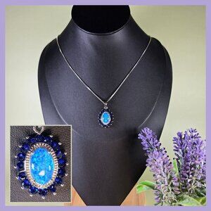 Synthetic Australian Opal & Blue Crystal Pendant Necklace (NWOT)